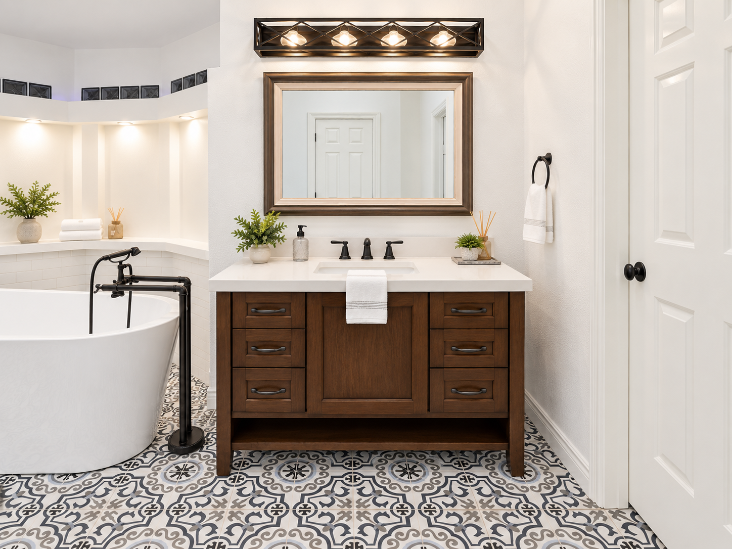 Completed bathroom remodel featuring custom wood vanity, freestanding soaking tub, and patterned tile floor
