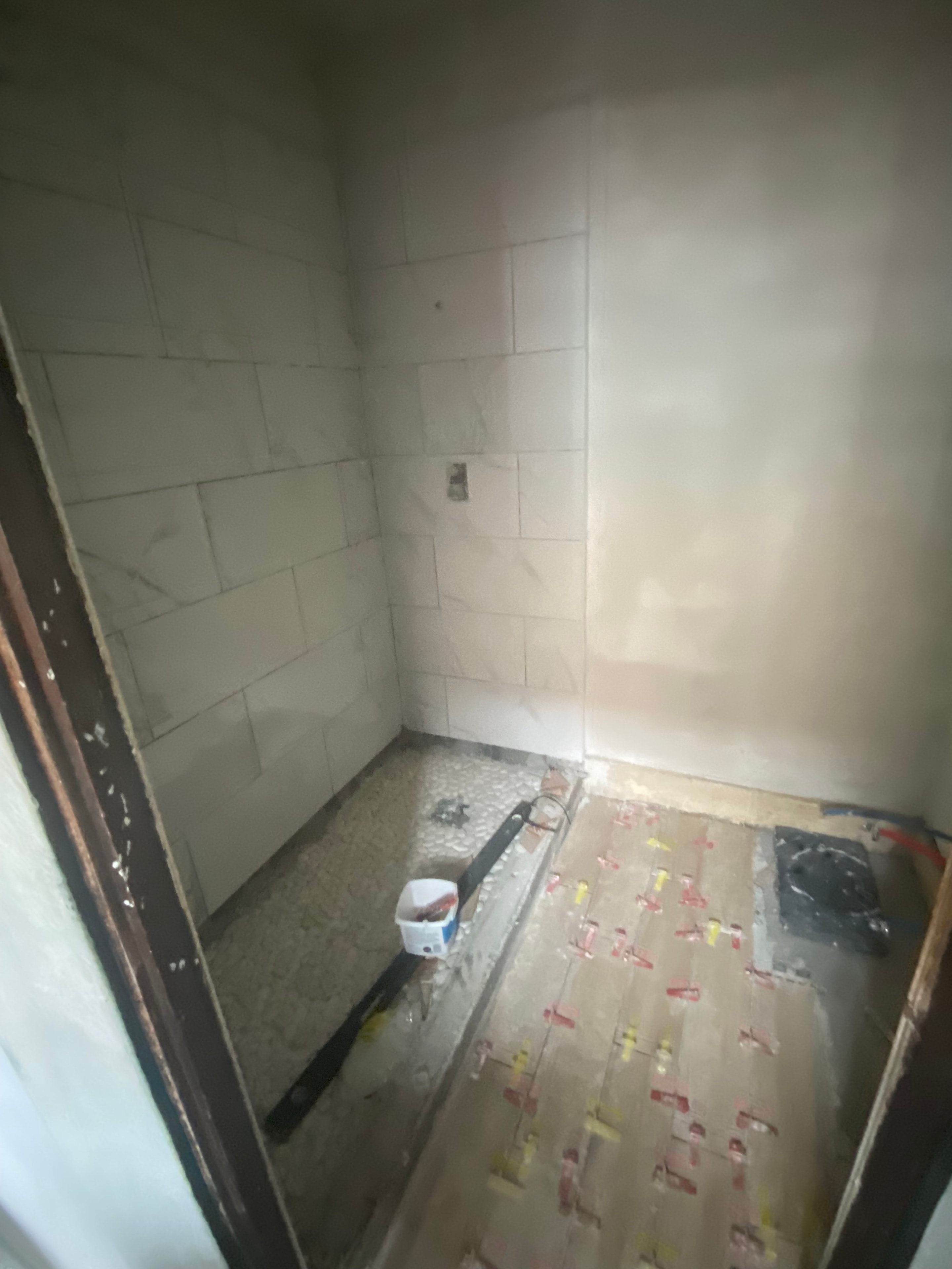 Bathroom gut renovation showing demo phase, structural framing, and tile substrate preparation