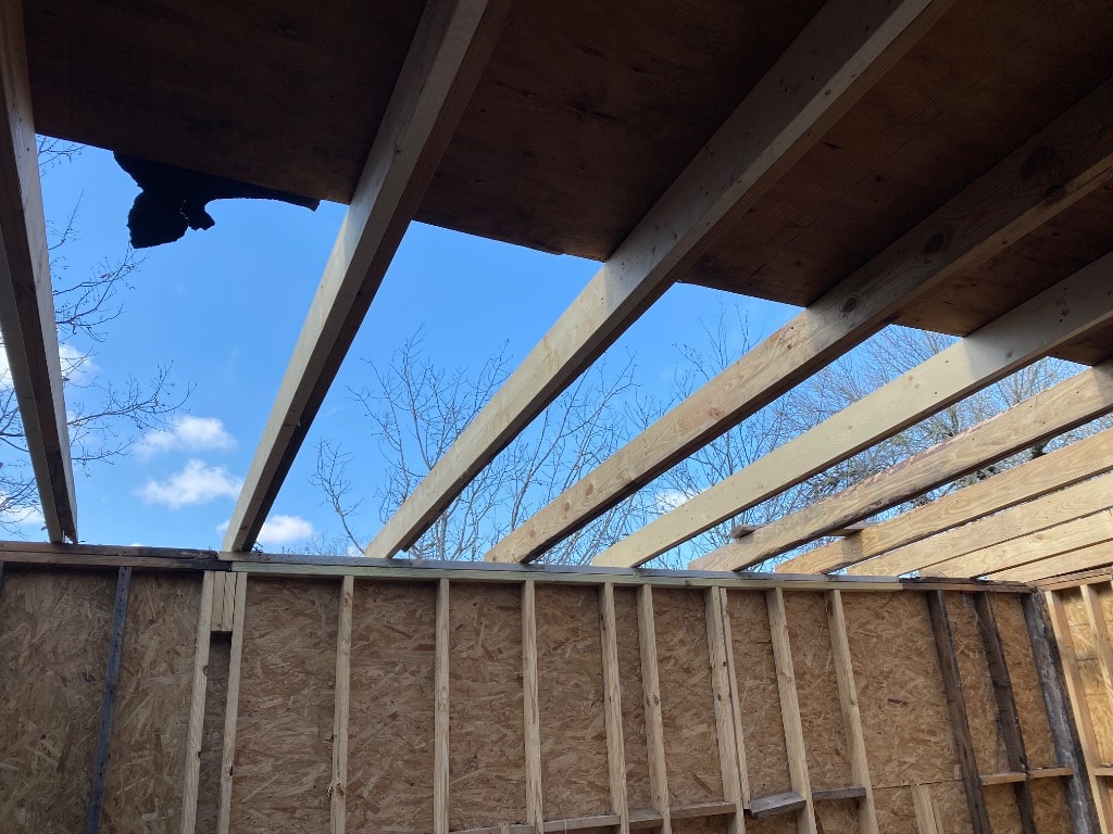 Looking up through open roof rafters and joists with blue sky visible above OSB wall sheathing during new structure framing by Set2 Go